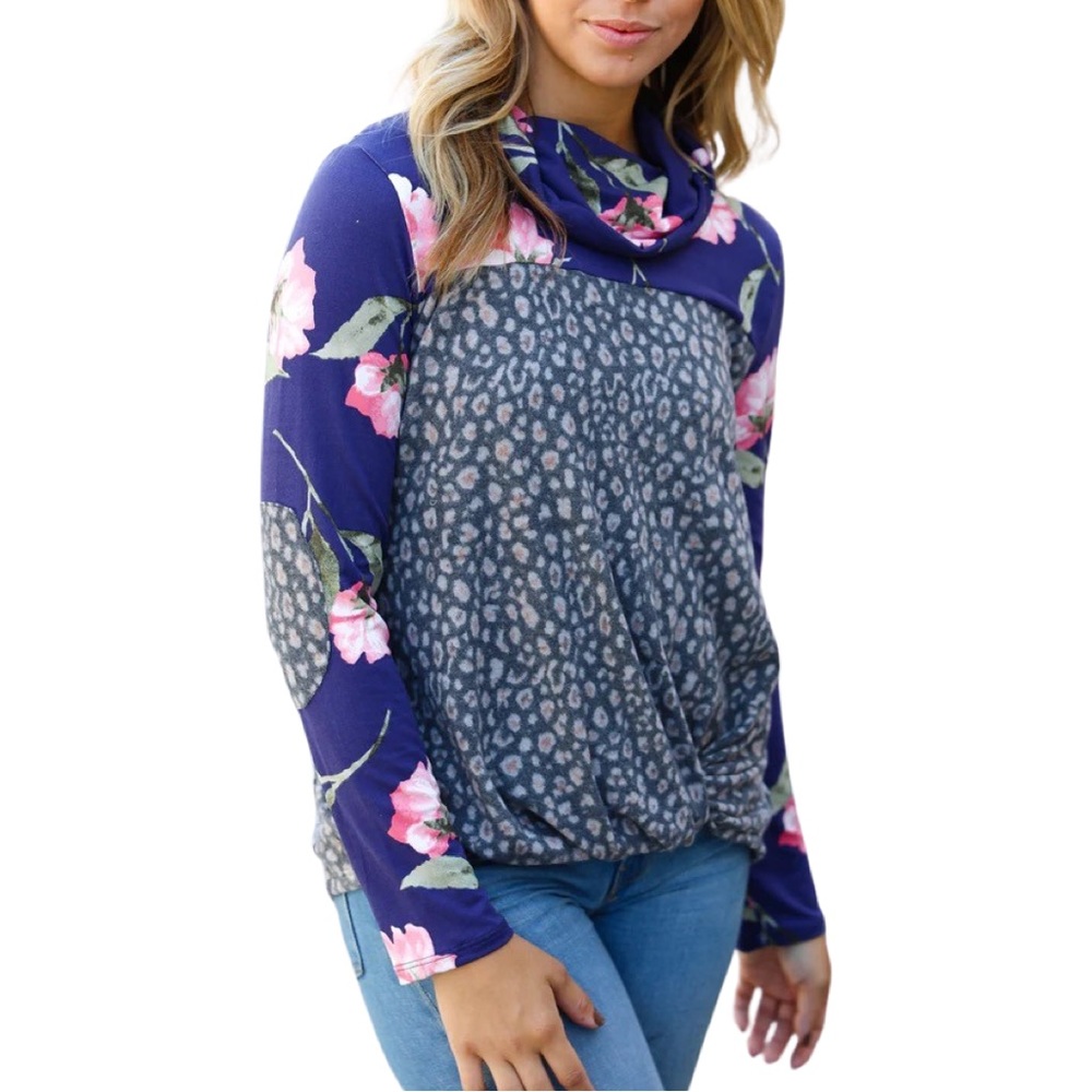 NEW BOUTIQUE FLORAL & ANIMAL PRINT TWIST HEM TOP - Picture 4 of 6